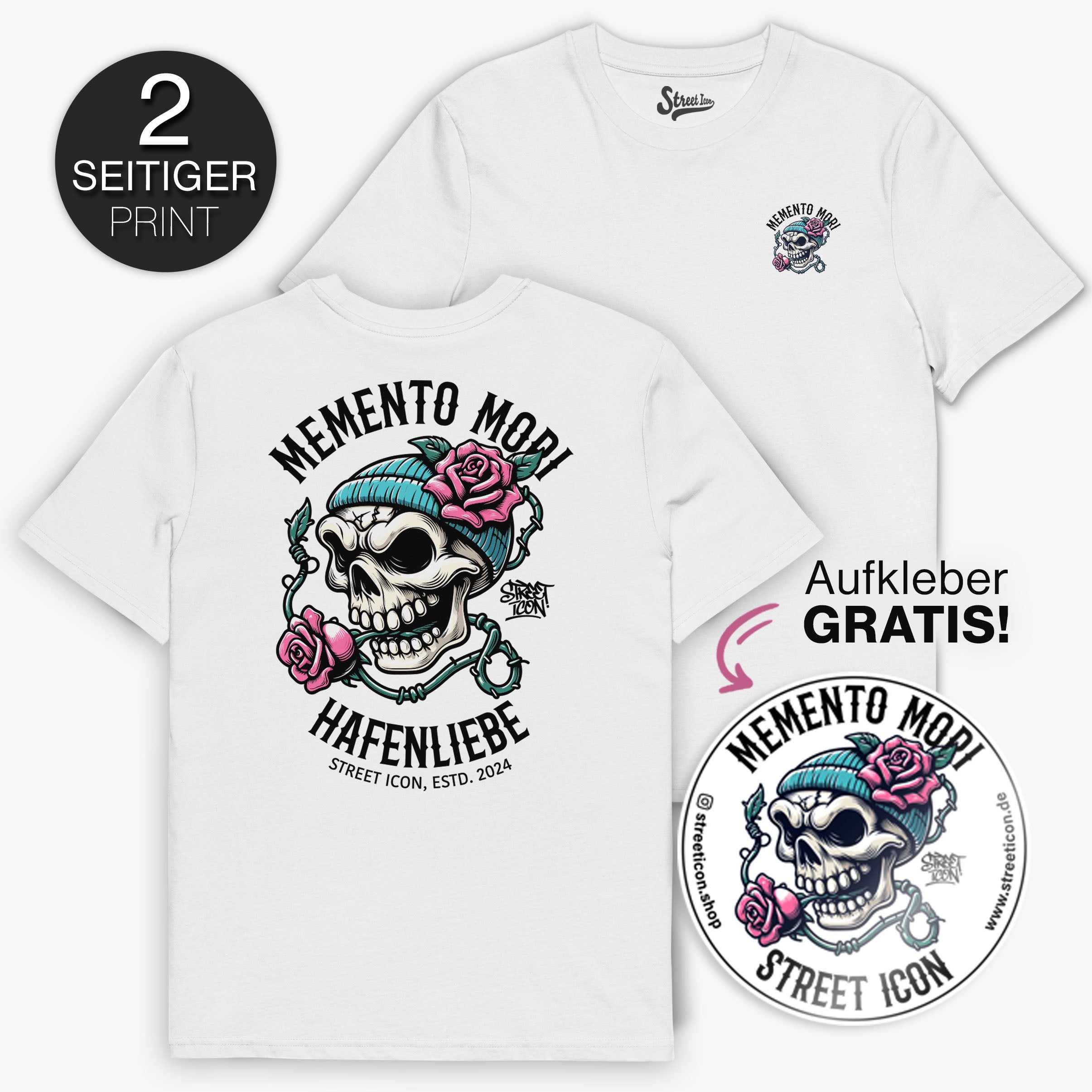 Memento Mori Skull T-Shirt + Gratis Aufkleber - Street Icon