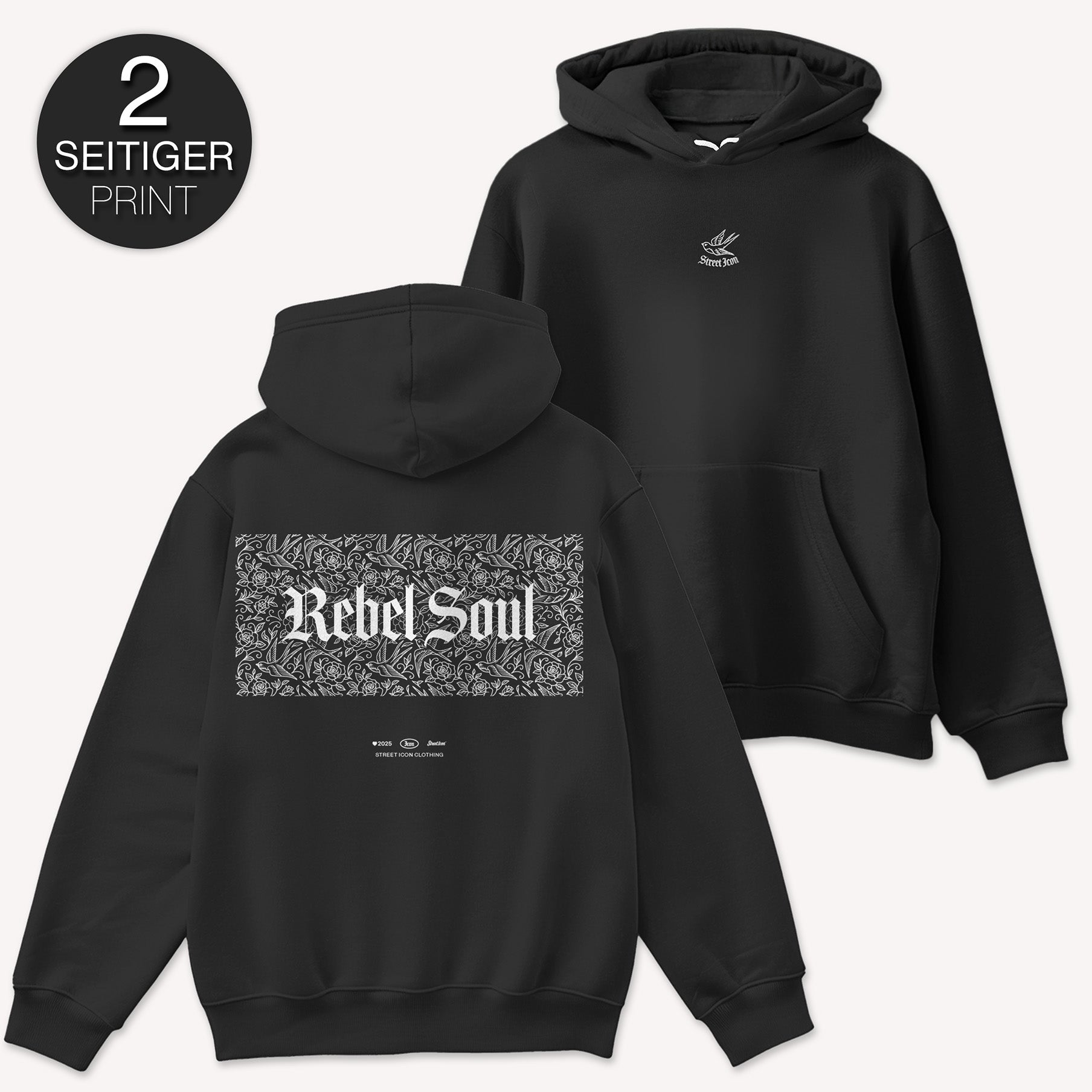 Rebel Soul Premium Hoodie, gesticktes Emblem, Back Print, Unisex