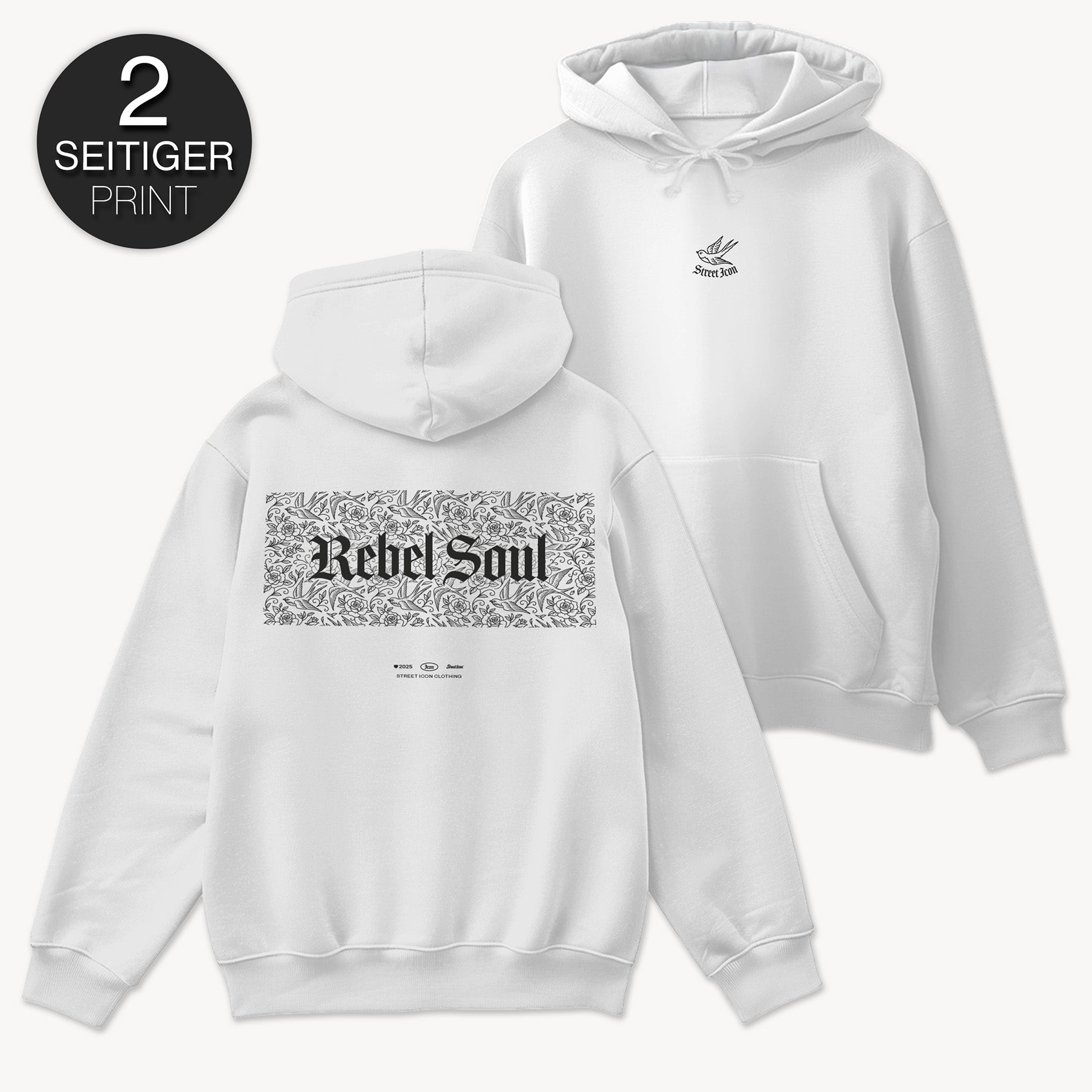 Rebel Soul Premium Hoodie, gesticktes Emblem, Back Print, Unisex
