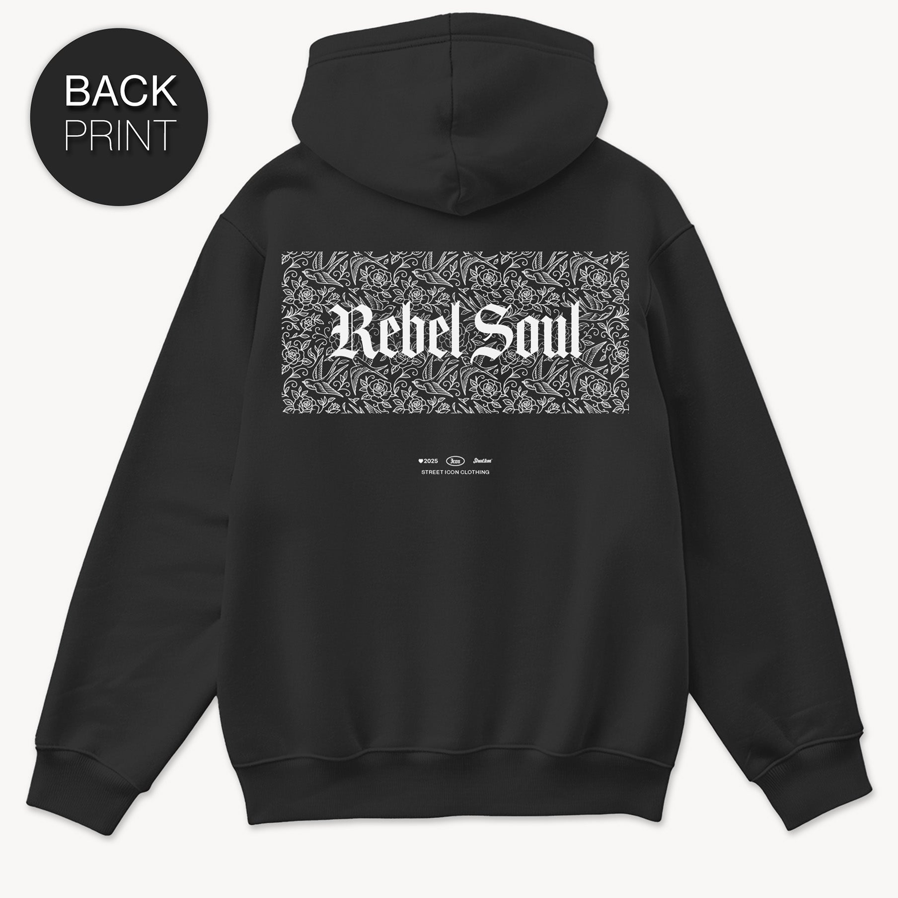 Rebel Soul Premium Hoodie, gesticktes Emblem, Back Print, Unisex